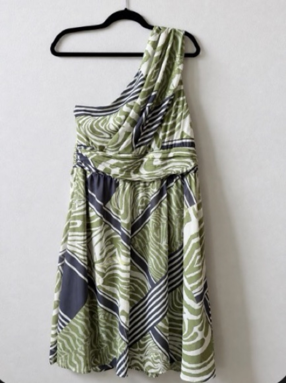 Banana Republic Green, White and Navy One Shoulder Knee Length Dress